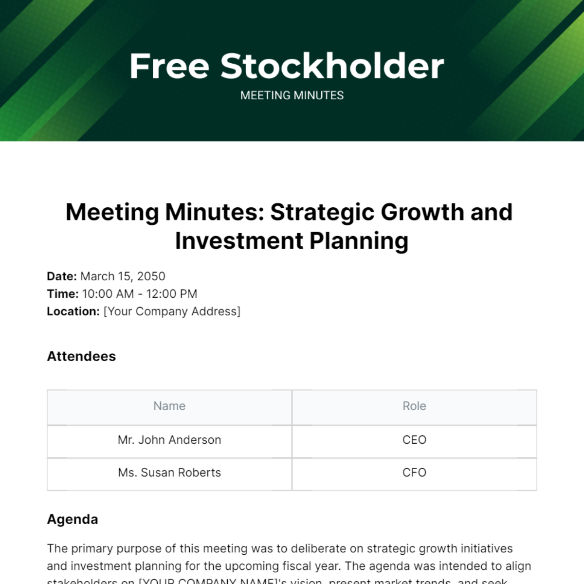 Stockholder Meeting Minutes Template