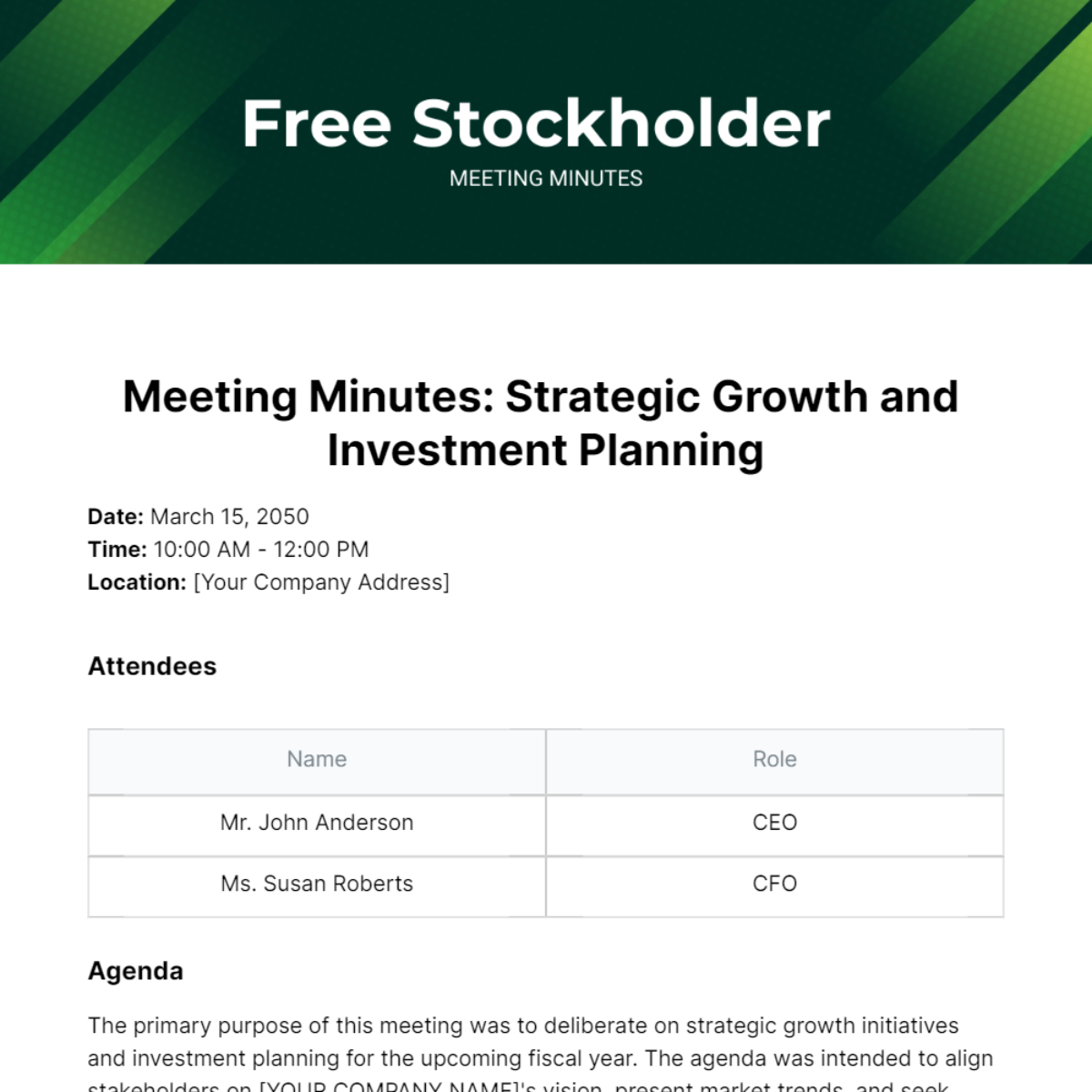Free Shareholder Meeting Minutes Templates Editable And Printable