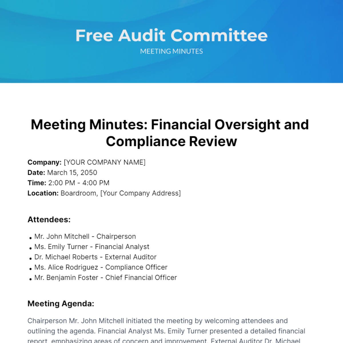 Audit Committee Meeting Minutes Template