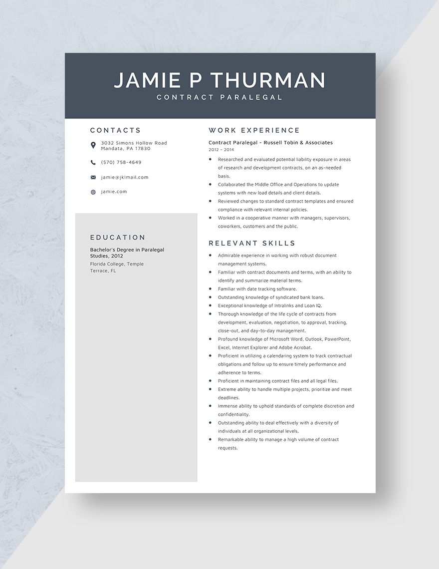 Contract Paralegal Resume in Word, Pages - Download | Template.net