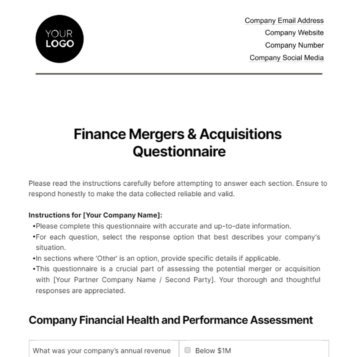 Finance Mergers & Acquisitions Questionnaire Template