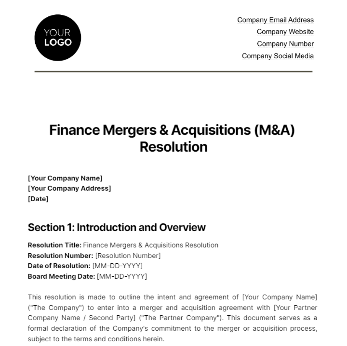 Finance Mergers & Acquisitions Resolution Template