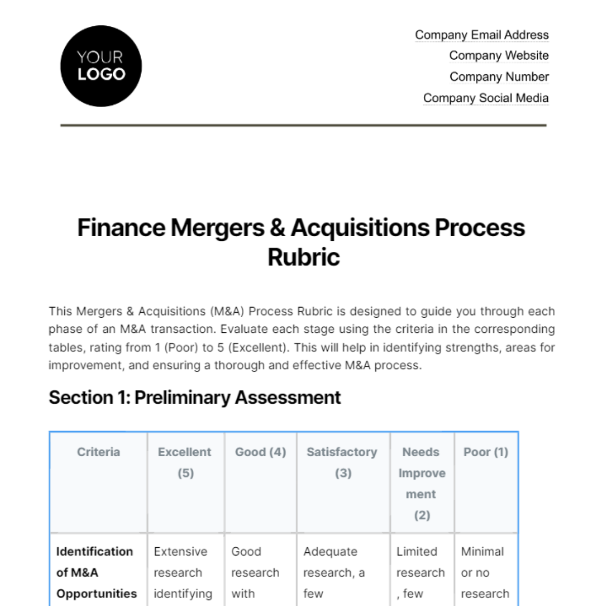 Finance Mergers & Acquisitions Process Rubric Template