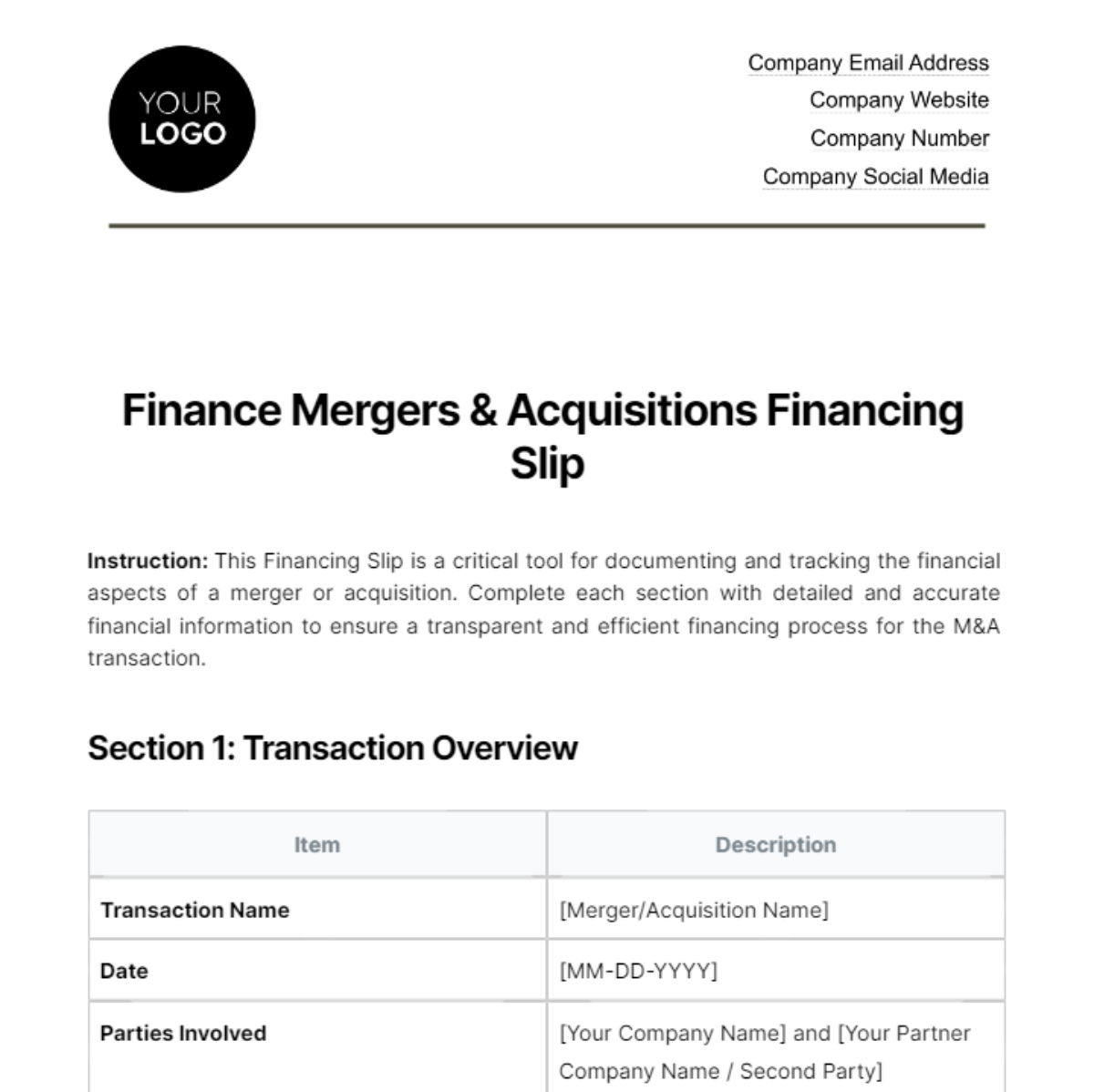 Finance Mergers & Acquisitions Financing Slip Template