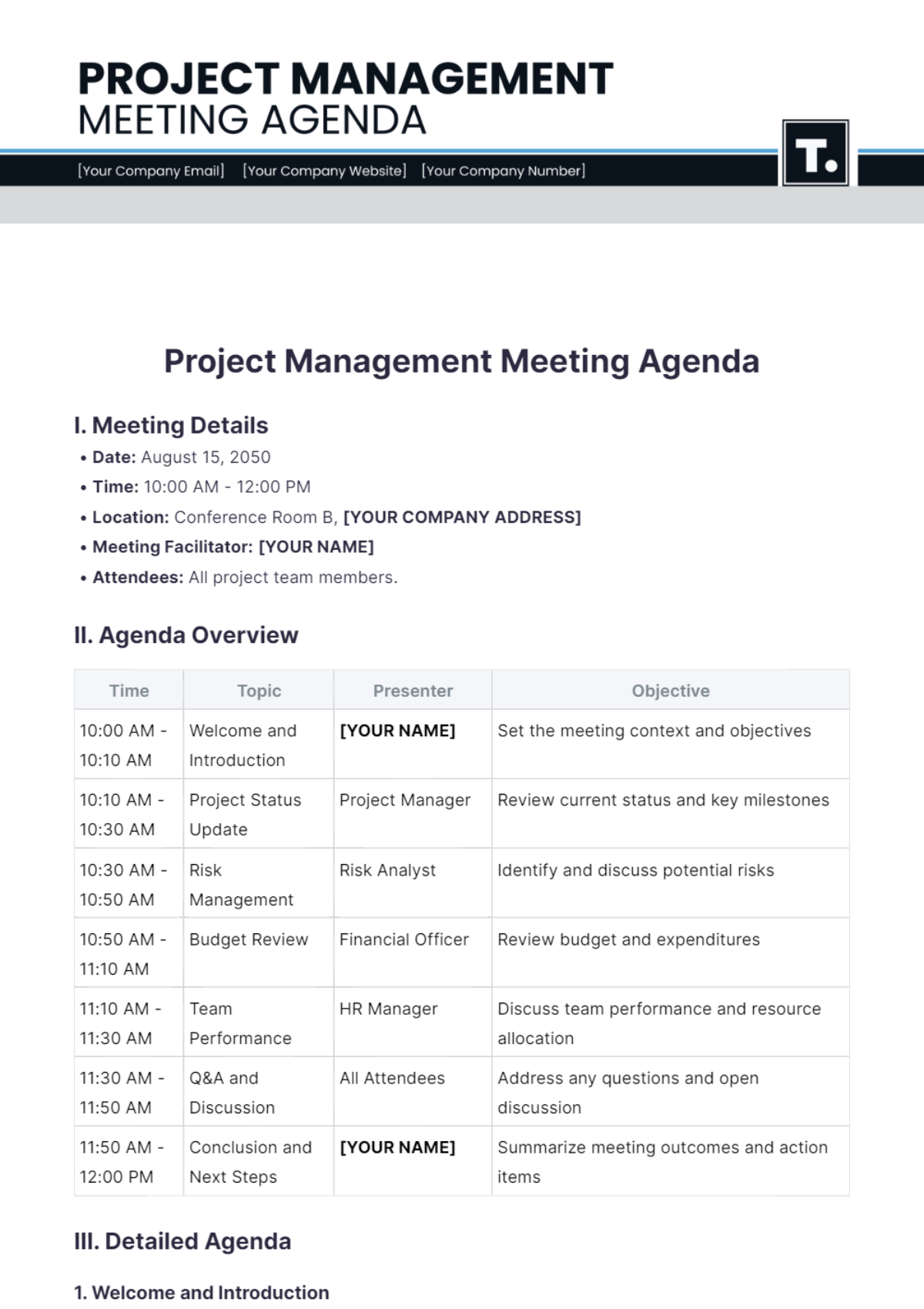 Project Management Meeting Agenda  Template - Edit Online & Download