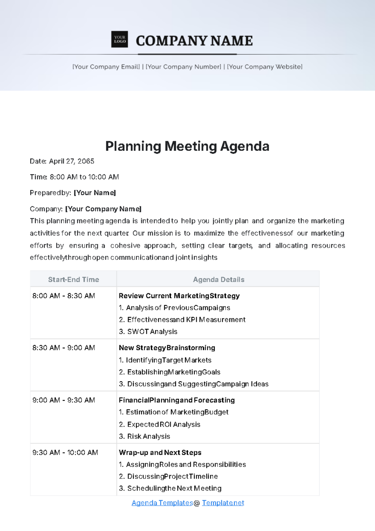 Planning Meeting Agenda Template - Edit Online & Download