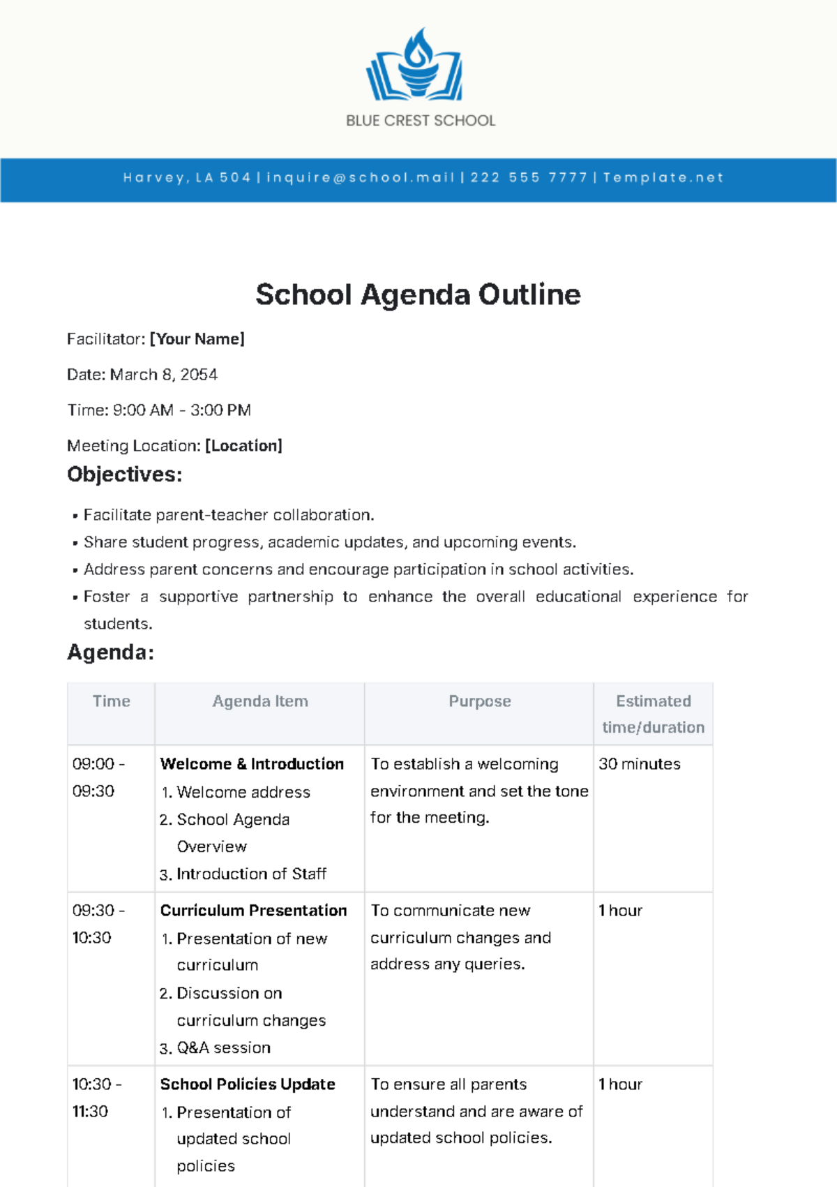 School Agenda Outline Template - Edit Online & Download