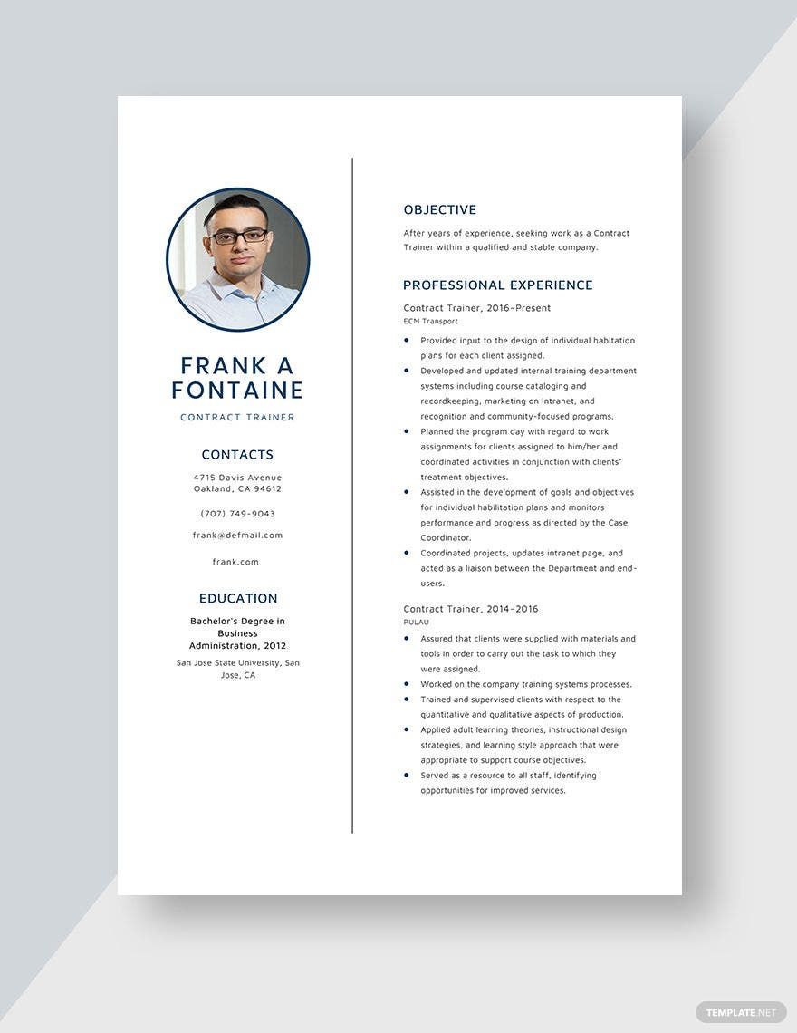 Free Contract Trainer Resume Template