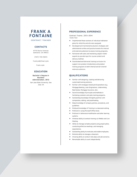 Contract Trainer Resume Template