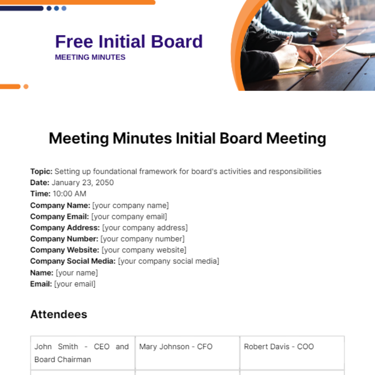 Initial Board Meeting Minutes Template