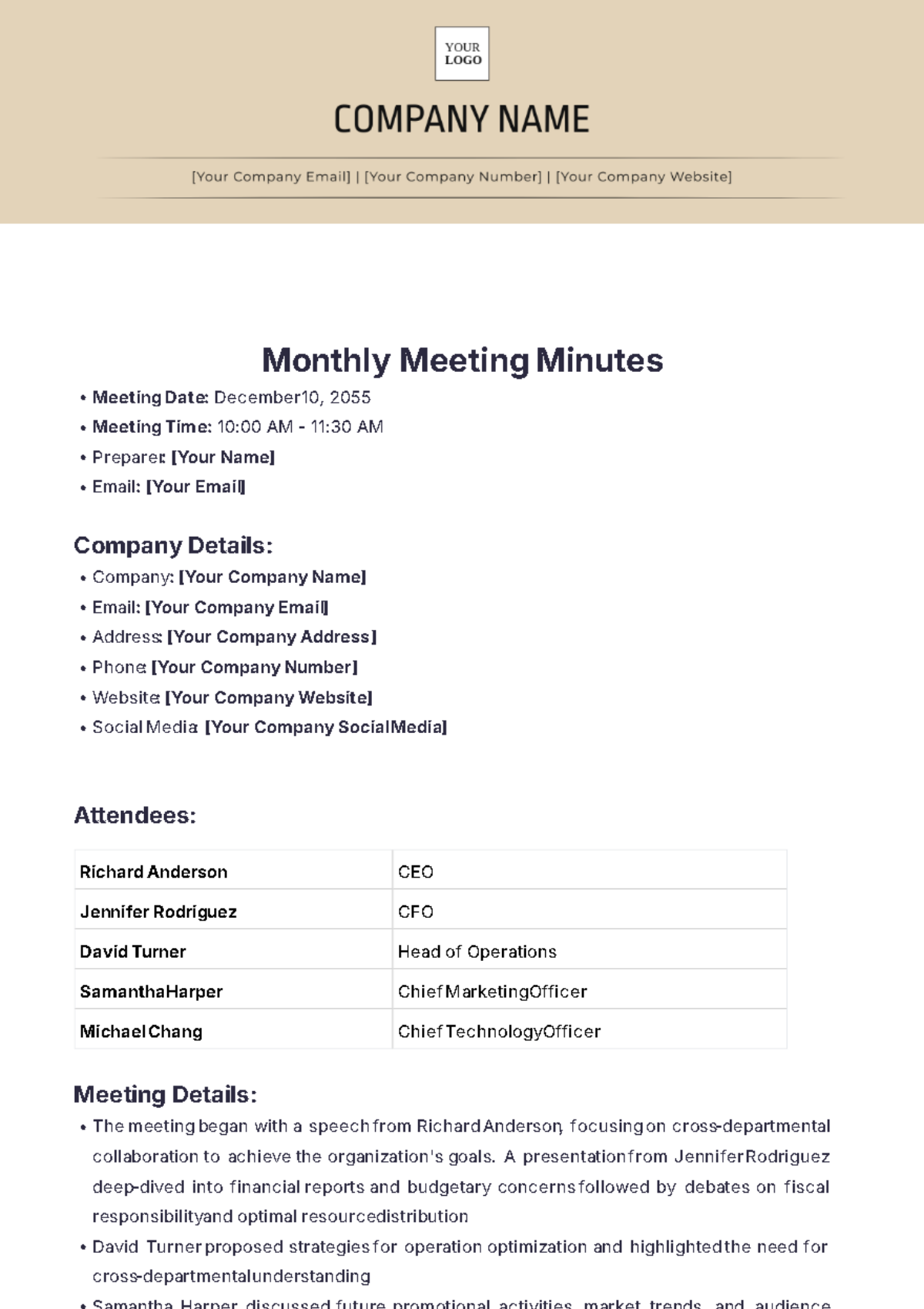 Printable Monthly Meeting Minutes Template