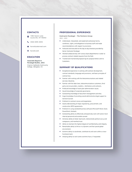 Contracts Paralegal Resume Template
