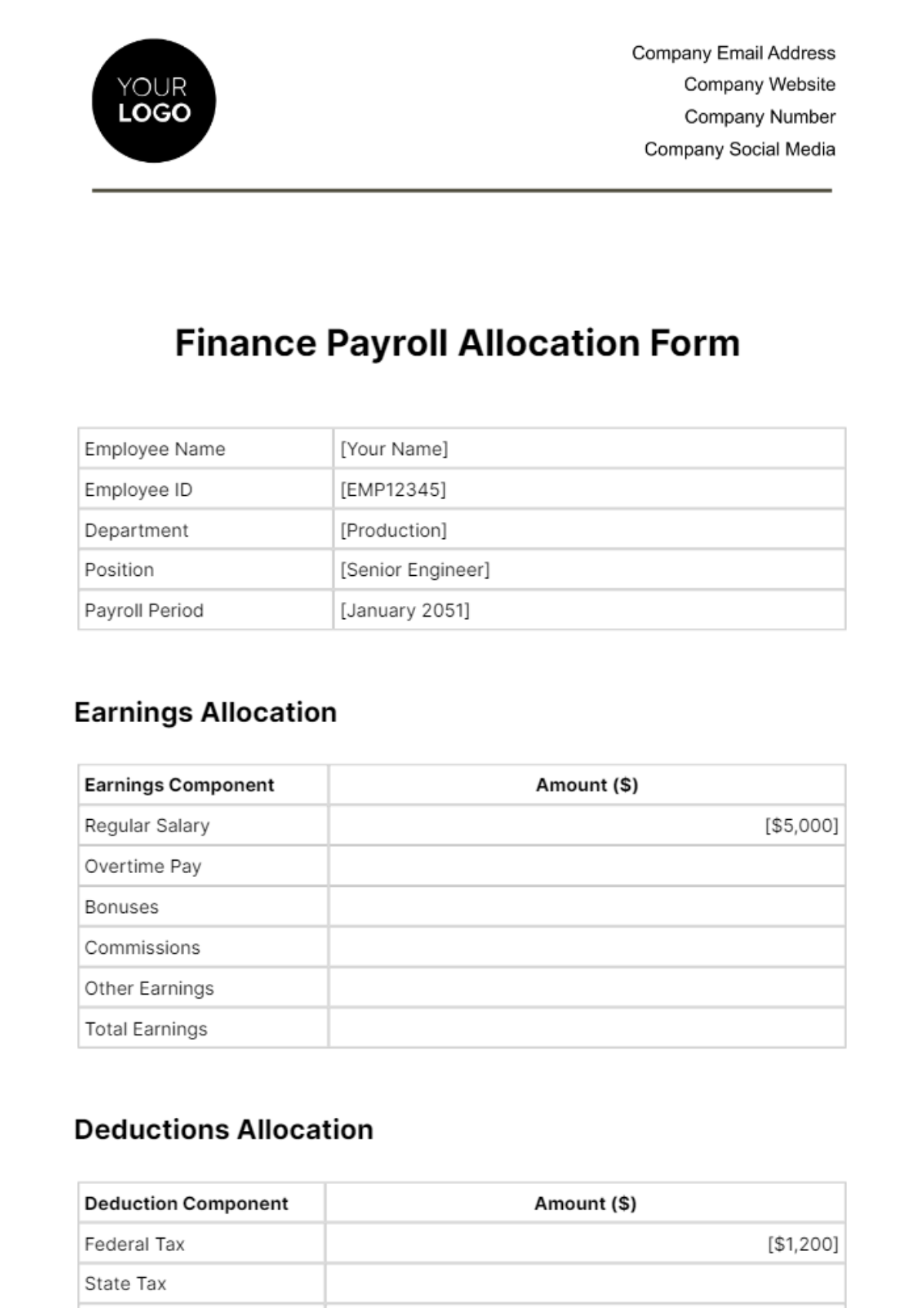 Finance Payroll Allocation Form Template