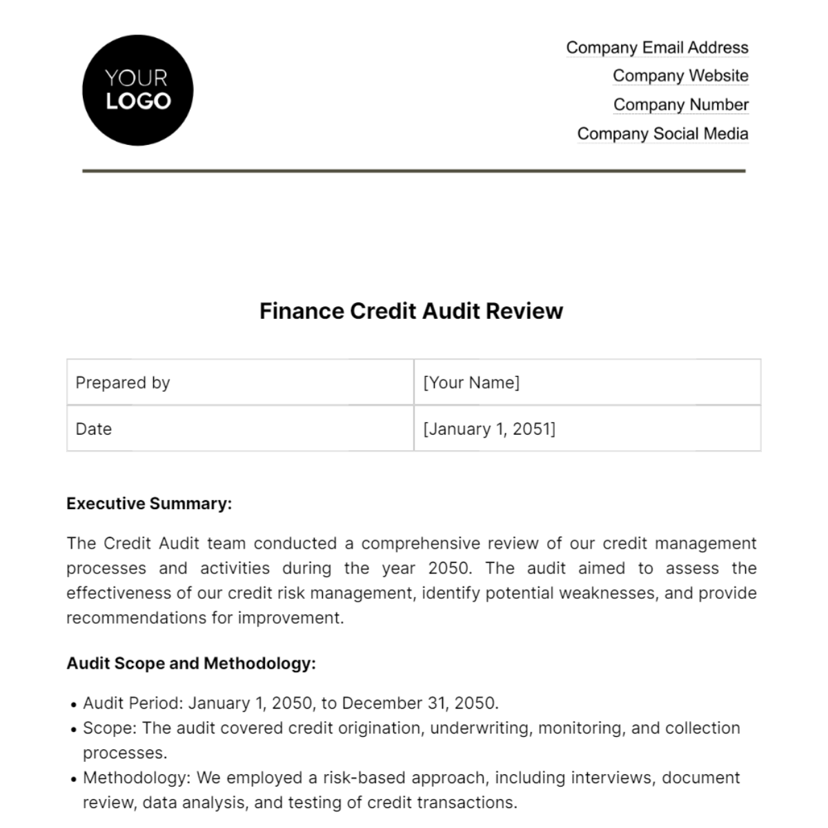 Finance Credit Audit Review Template - Edit Online & Download