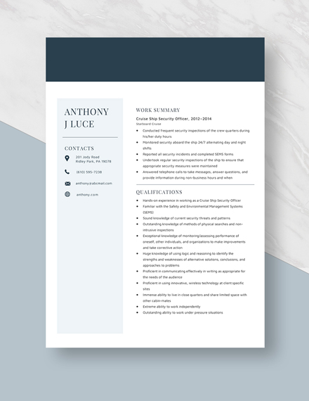 CruiseShip Security Officer Resume Template