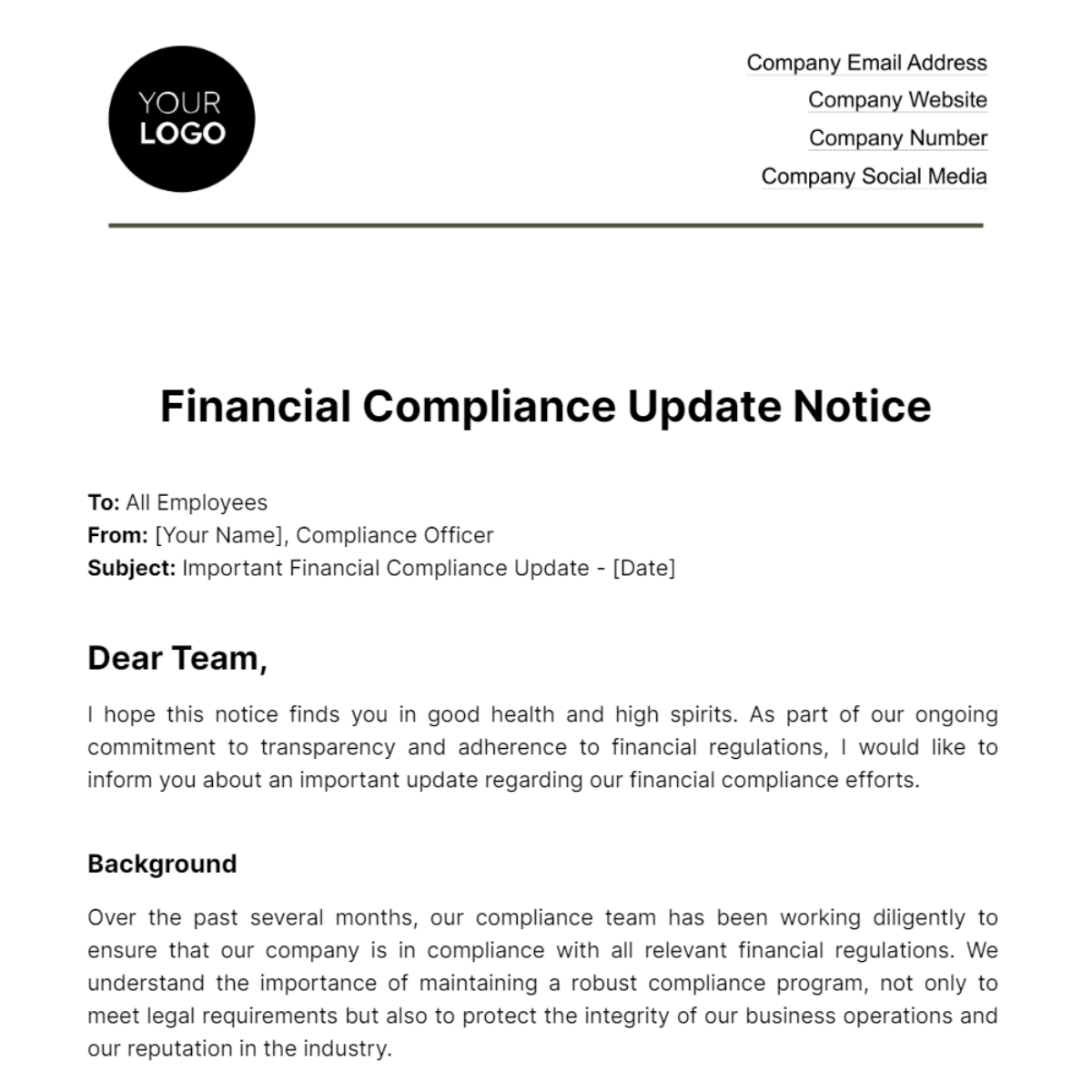 Financial Compliance Update Notice Template