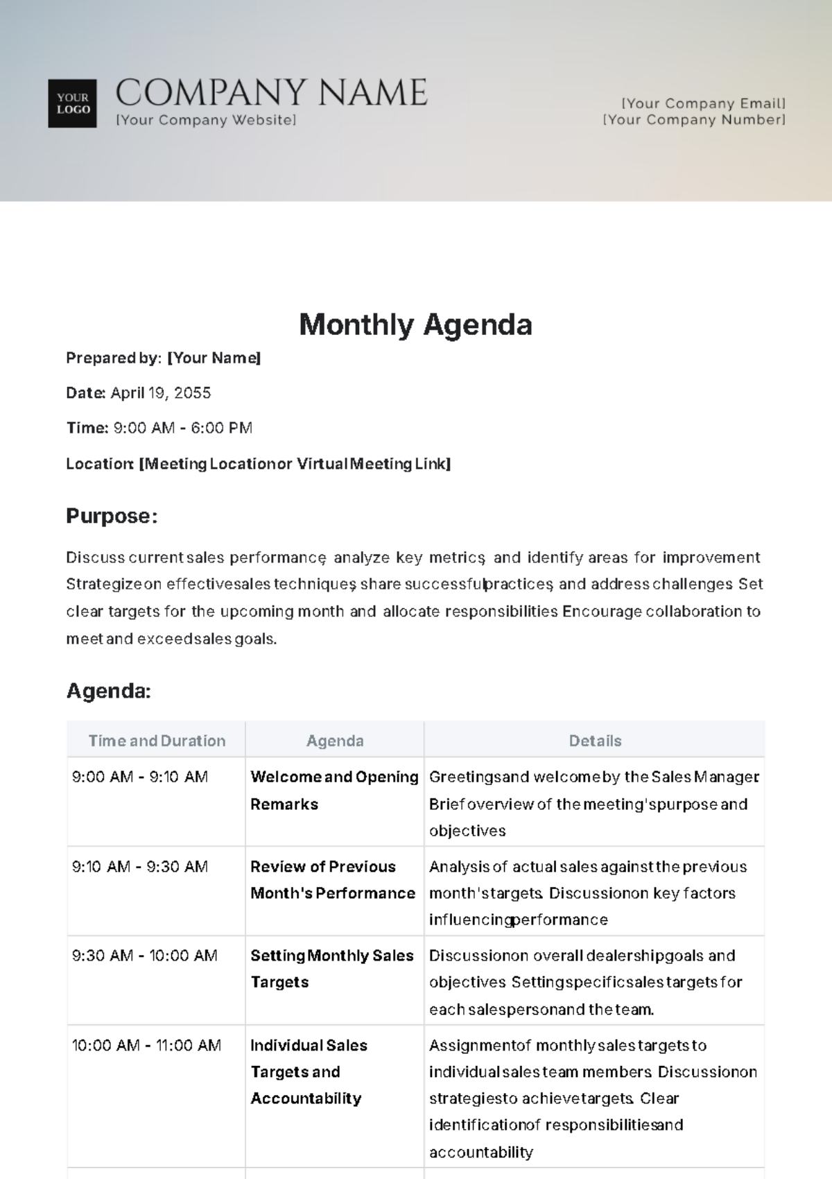 Monthly Agenda Template - Edit Online & Download