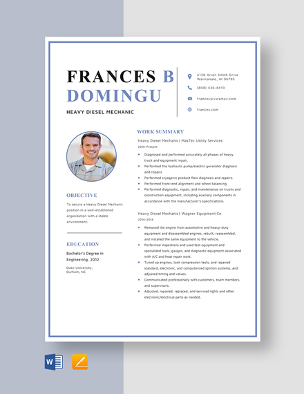 FREE Mechanic Resume Template - Word (DOC) | PSD | InDesign | Apple (MAC) Apple (MAC) Pages ...