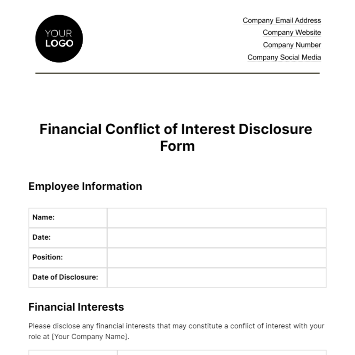 Free Financial Conflict of Interest Disclosure Form Template