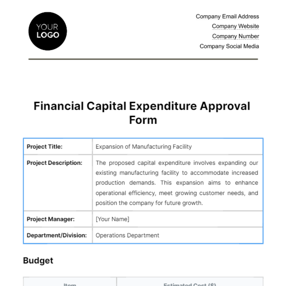 Free Financial Capital Expenditure Approval Form Template