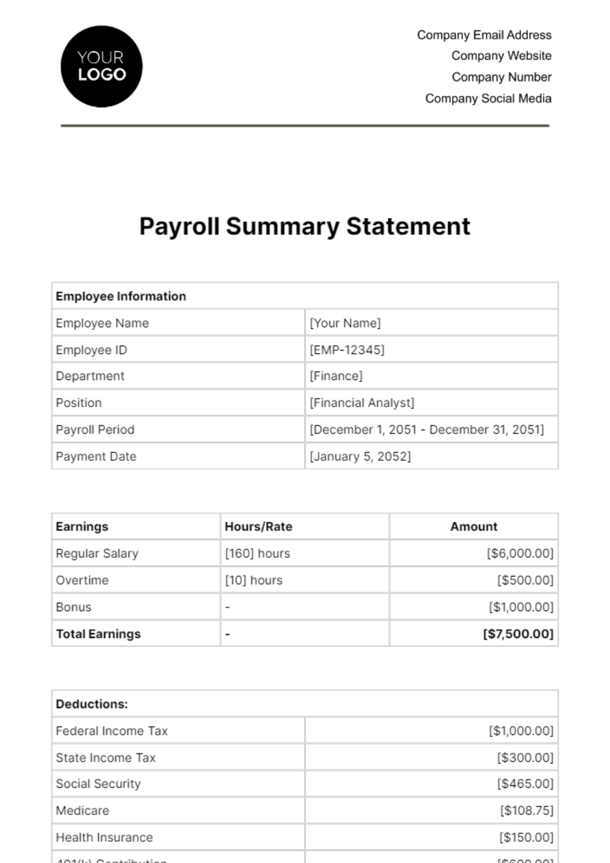 Finance Payroll Summary Statement Template