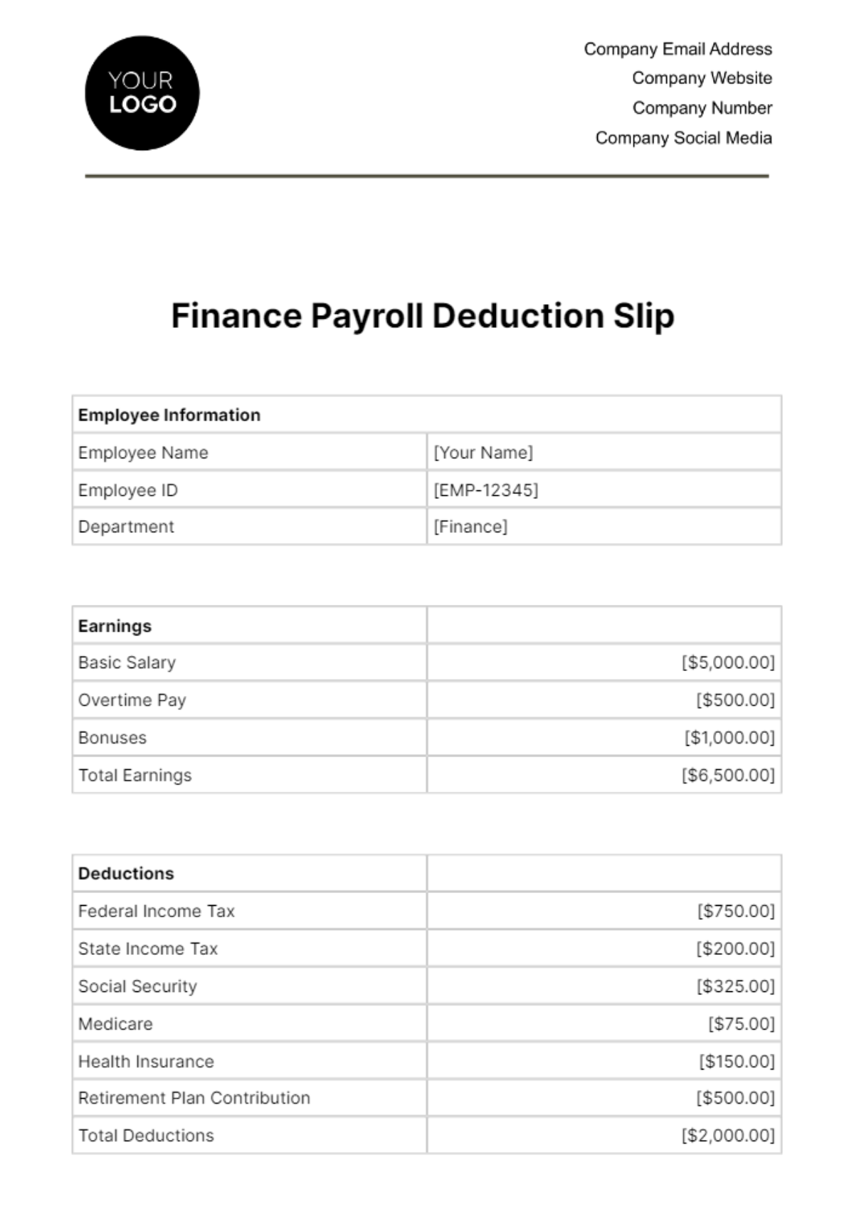 Finance Payroll Deduction Slip Template