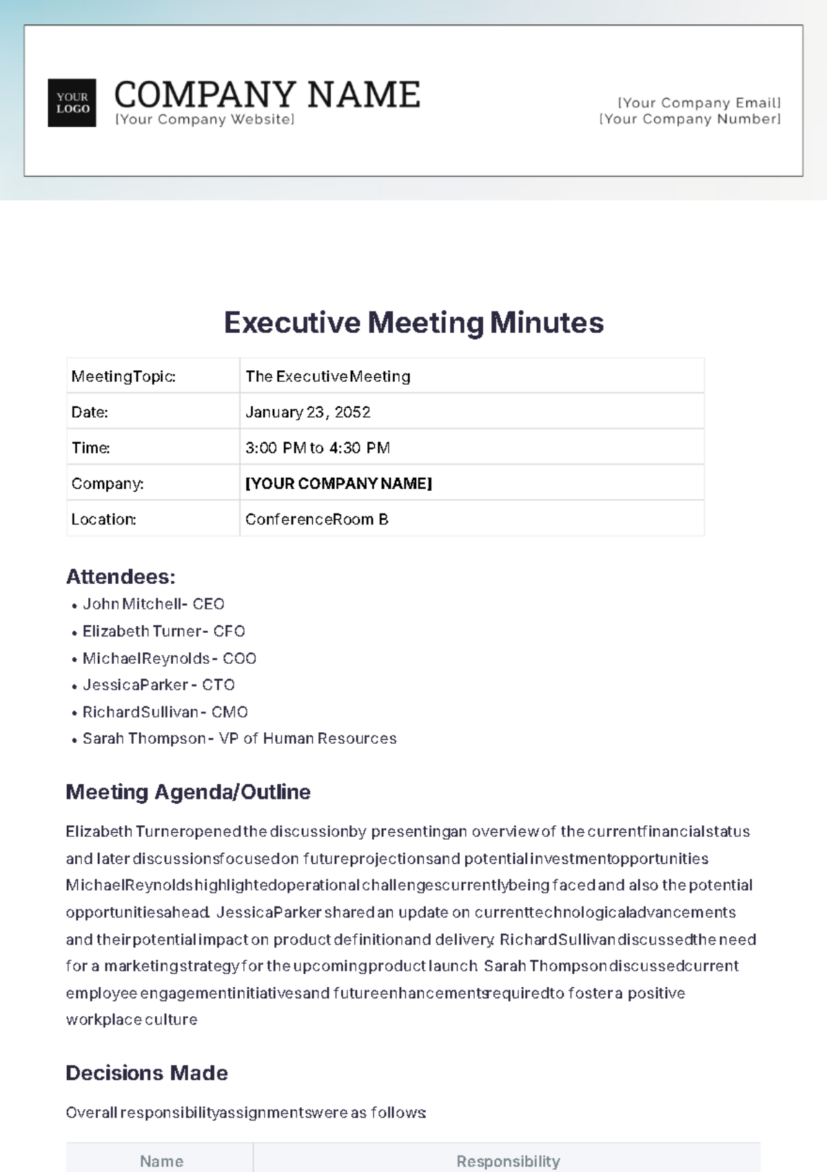 Sample Executive Meeting Minutes Template