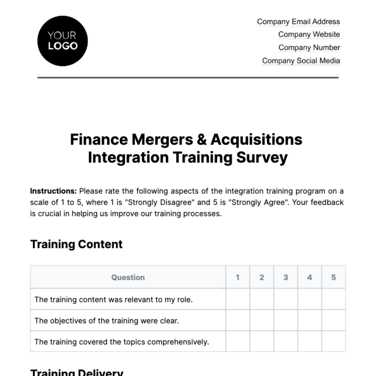Finance Mergers & Acquisitions Integration Training Survey Template