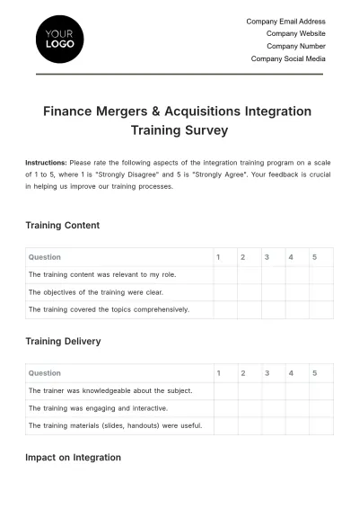 Free Finance Mergers & Acquisitions Integration Training Survey Template to Edit Online