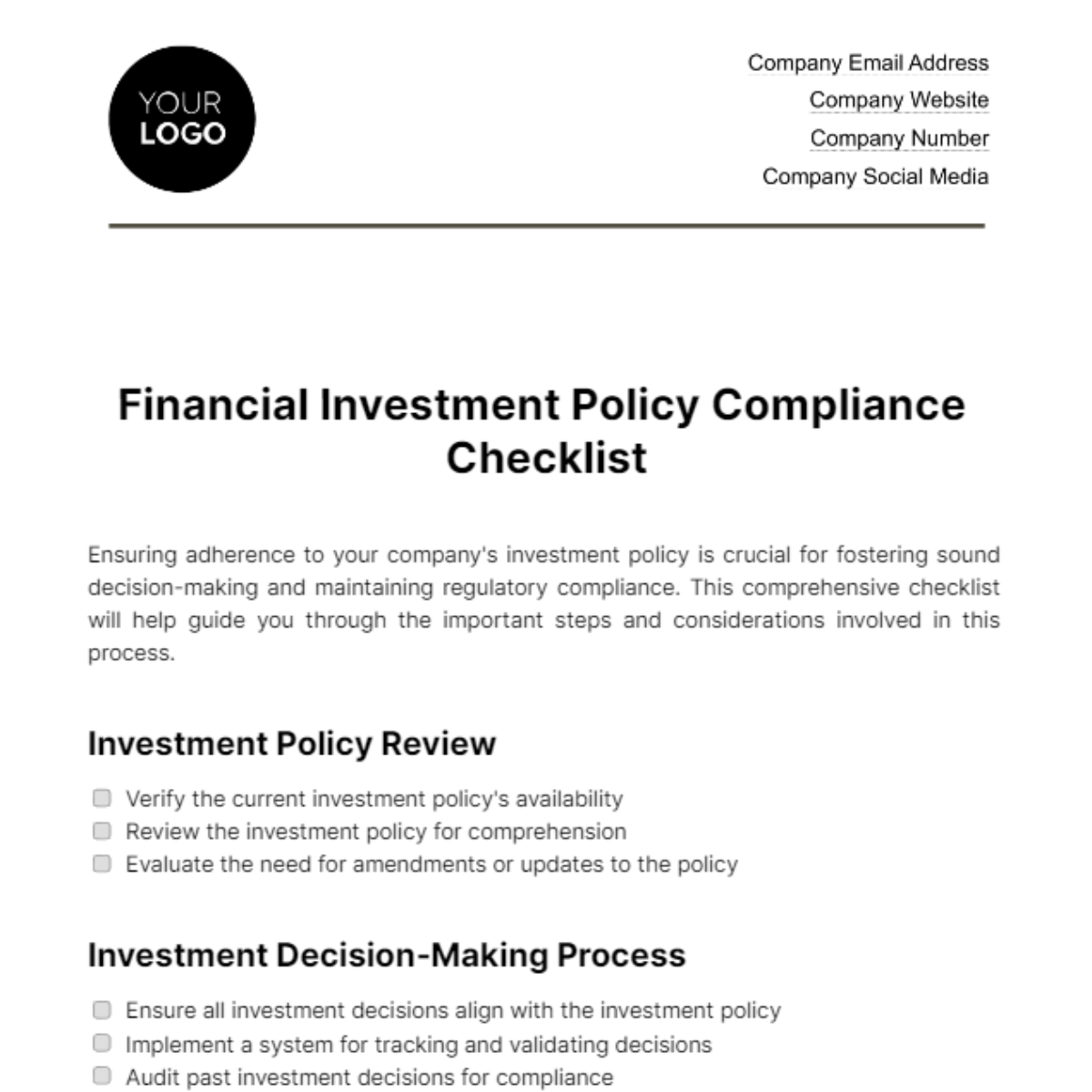 Financial Investment Policy Compliance Checklist Template