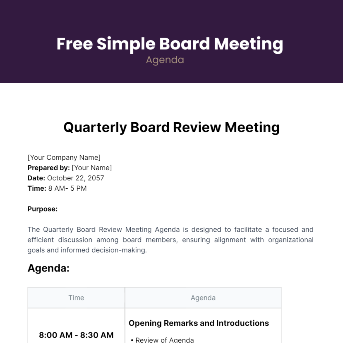 Simple Board Meeting Agenda  Template