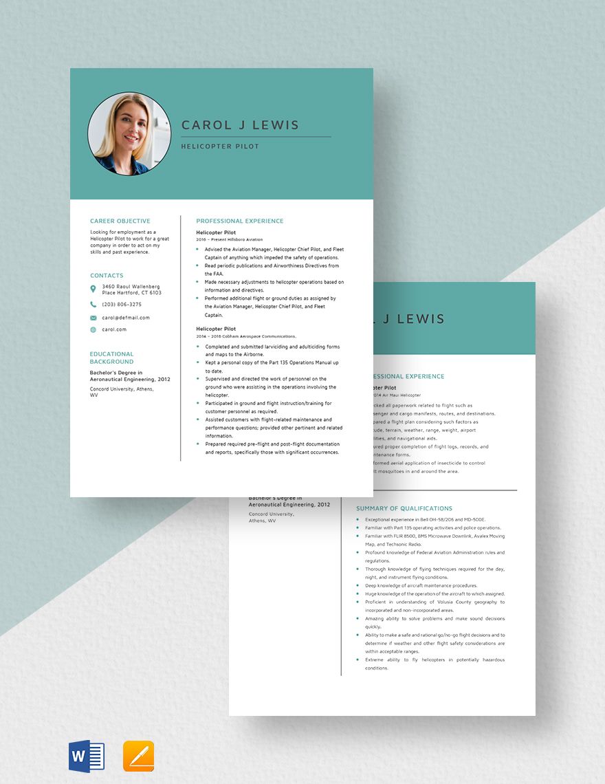 Free Free Helicopter Pilot Resume Template Word, Apple Pages