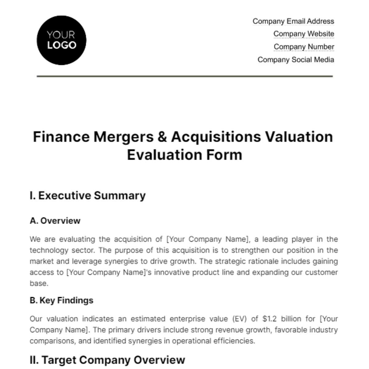 Finance Mergers & Acquisitions Valuation Evaluation Form Template