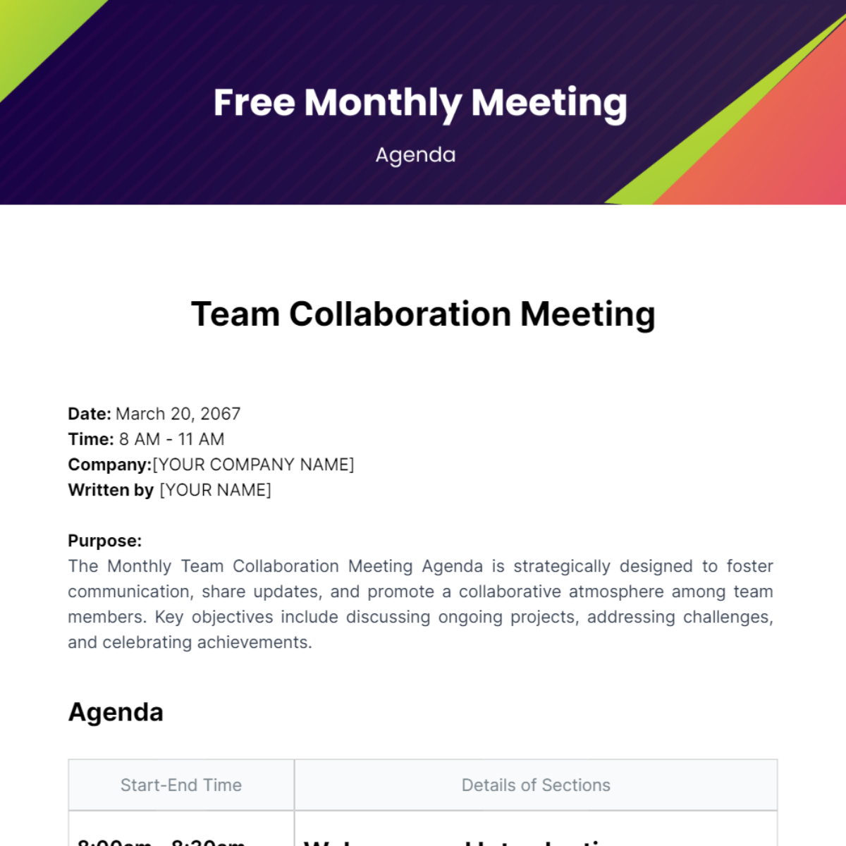 Monthly Meeting Agenda  Template