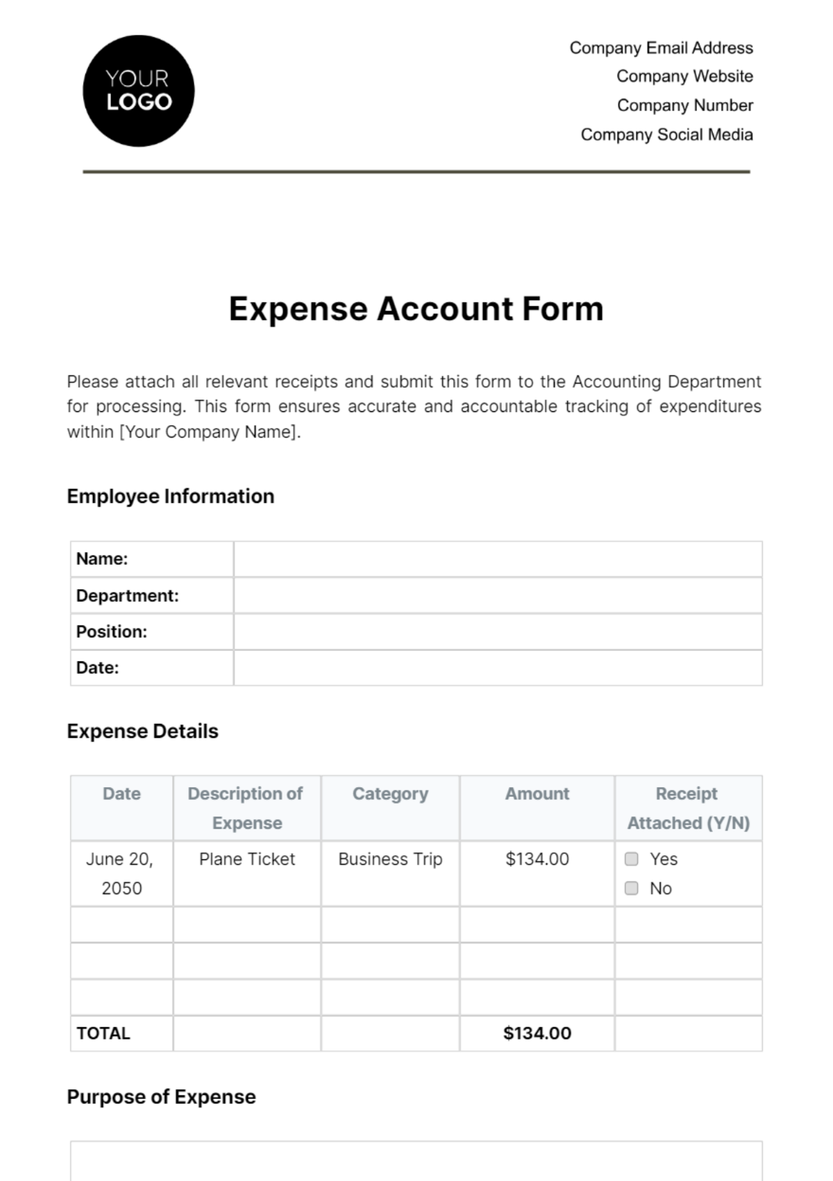 Expense Account Form Template