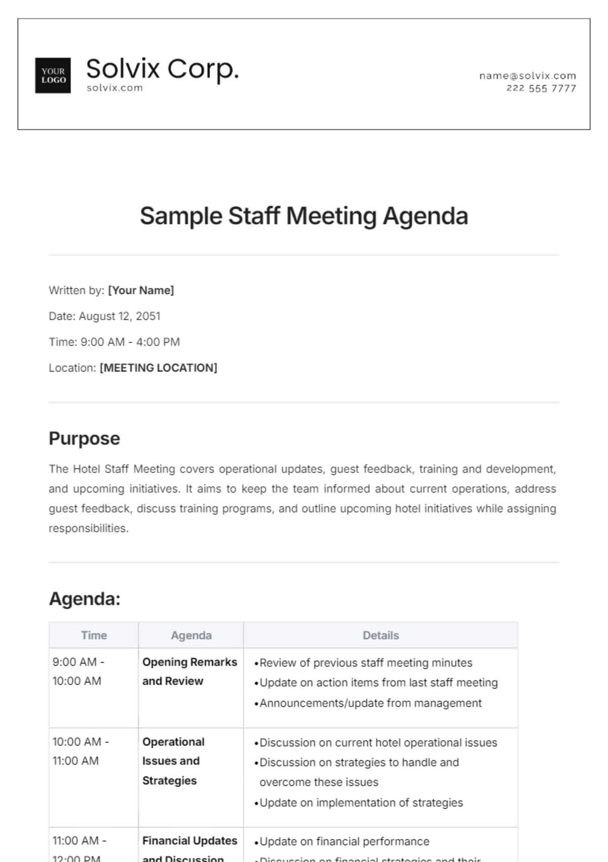 Sample Staff Meeting Agenda Template