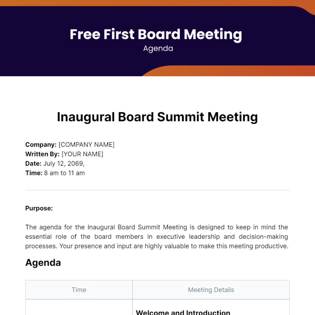 First Board Meeting Agenda  Template