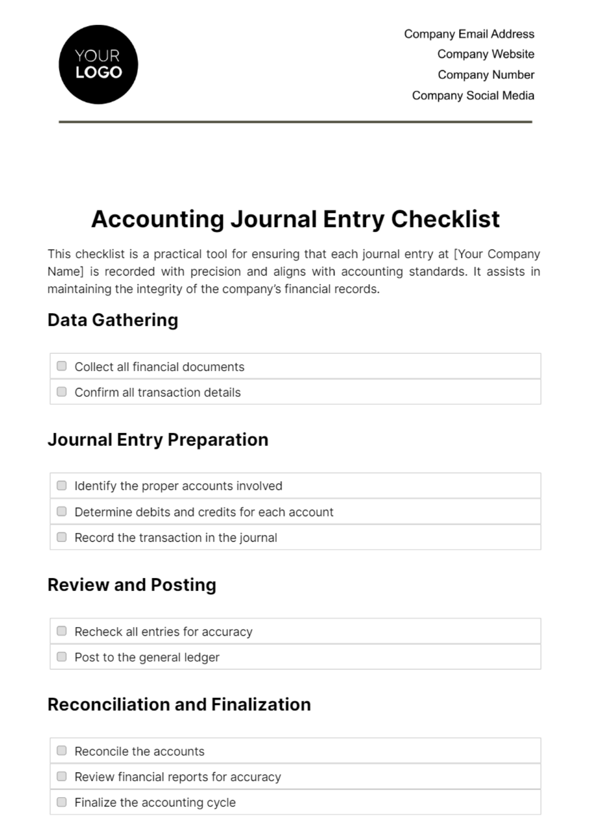 Accounting Journal Entry Checklist Template