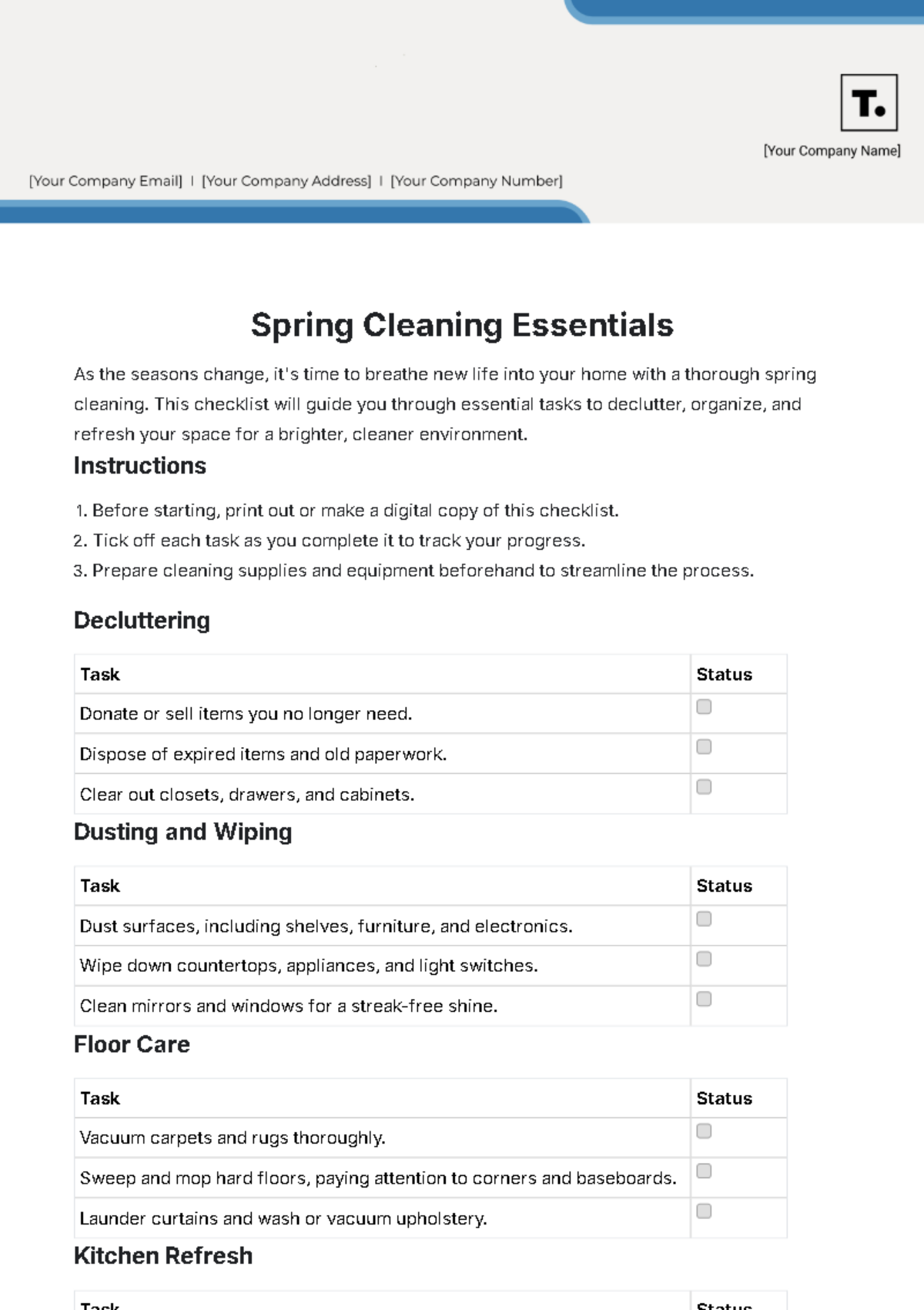 Spring Cleaning Checklist Template - Edit Online & Download