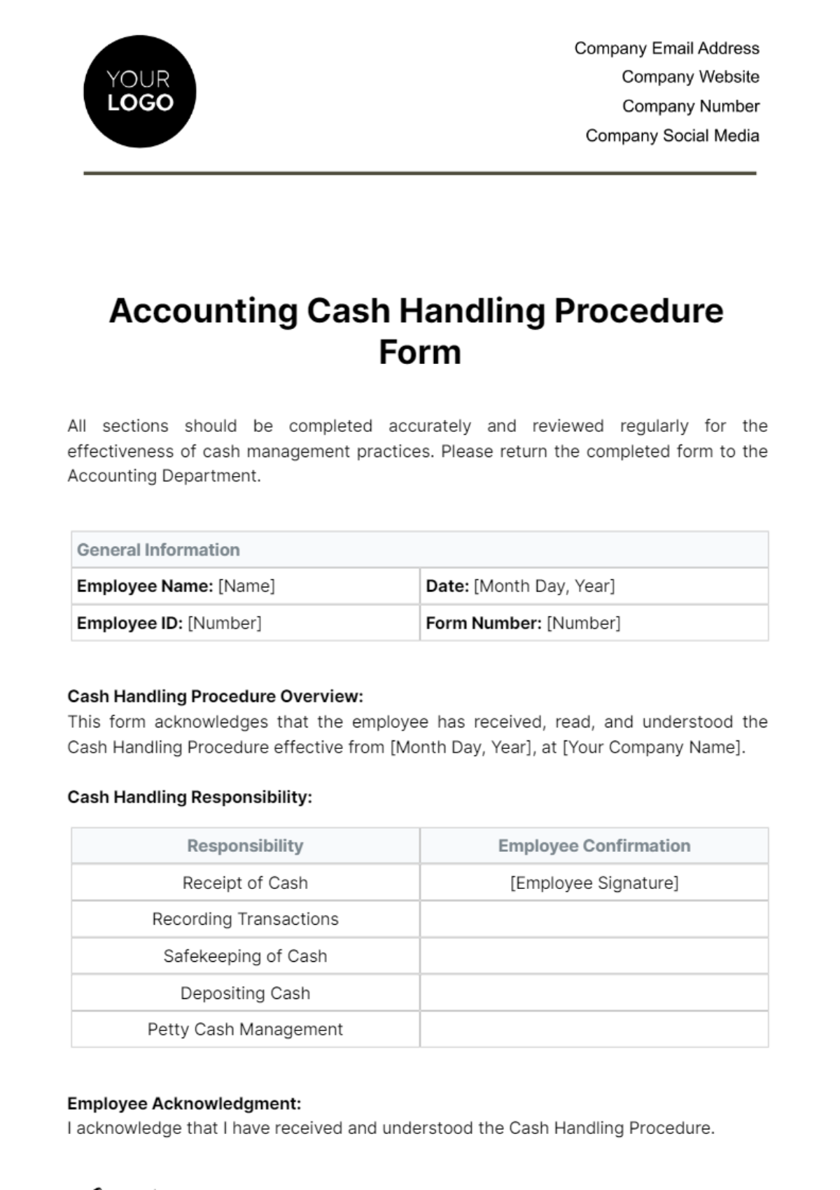 Free Accounting Cash Handling Procedure Form Template