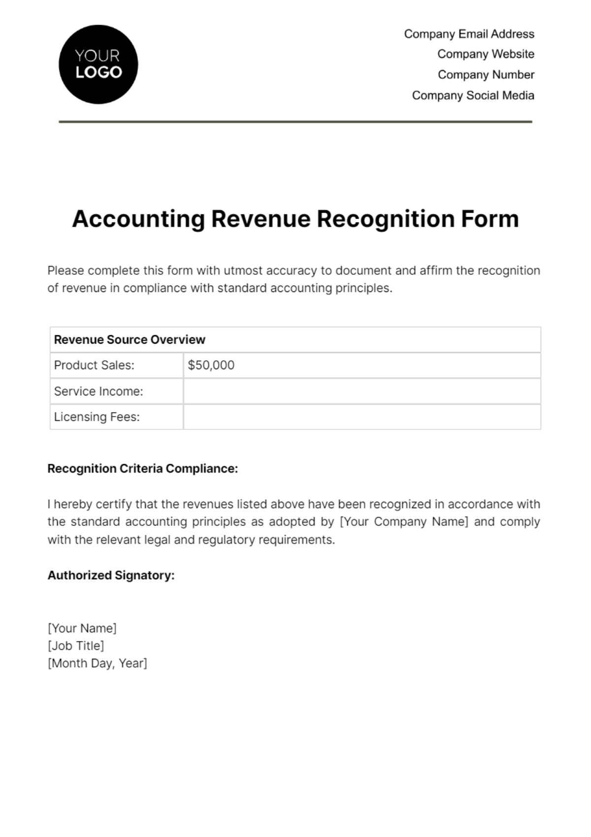 Free Accounting Revenue Recognition Form Template
