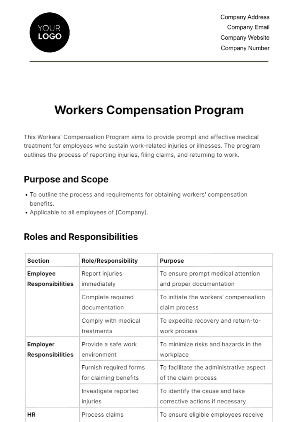 Free Workers Compensation Program HR Template