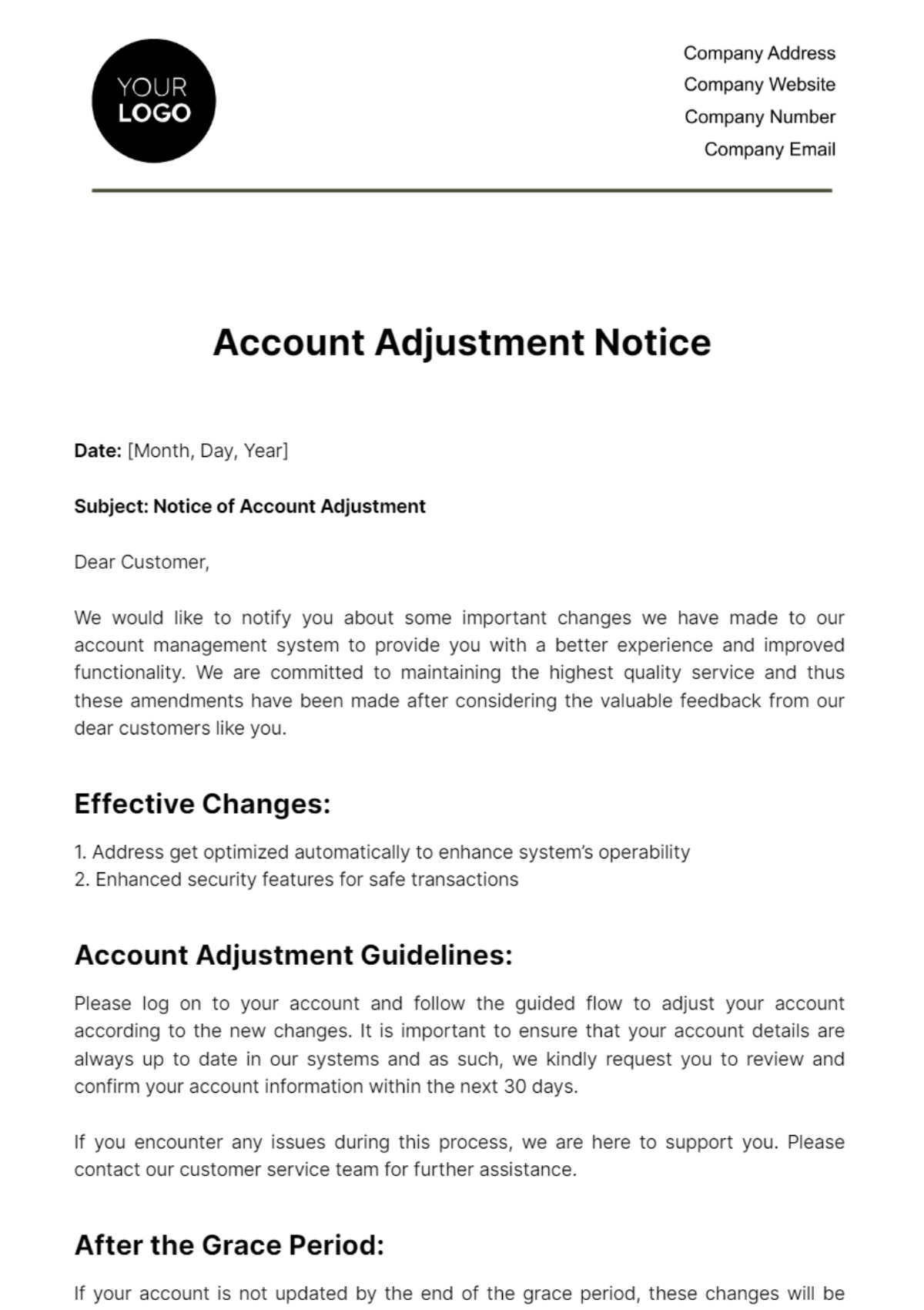 Account Adjustment Notice Template