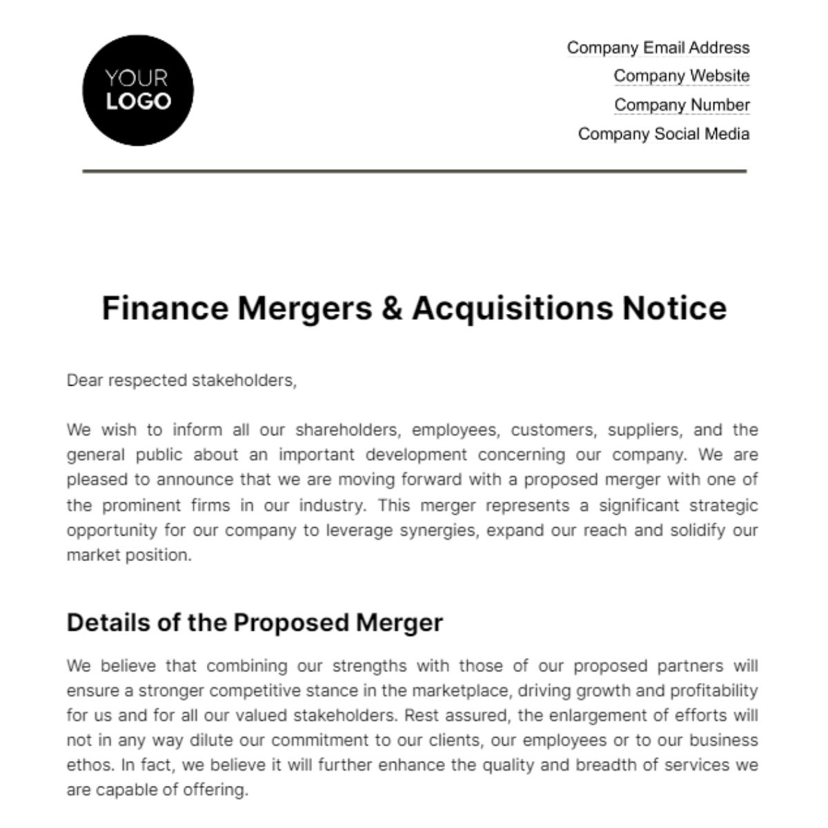 Free Finance Mergers & Acquisitions Notice Template
