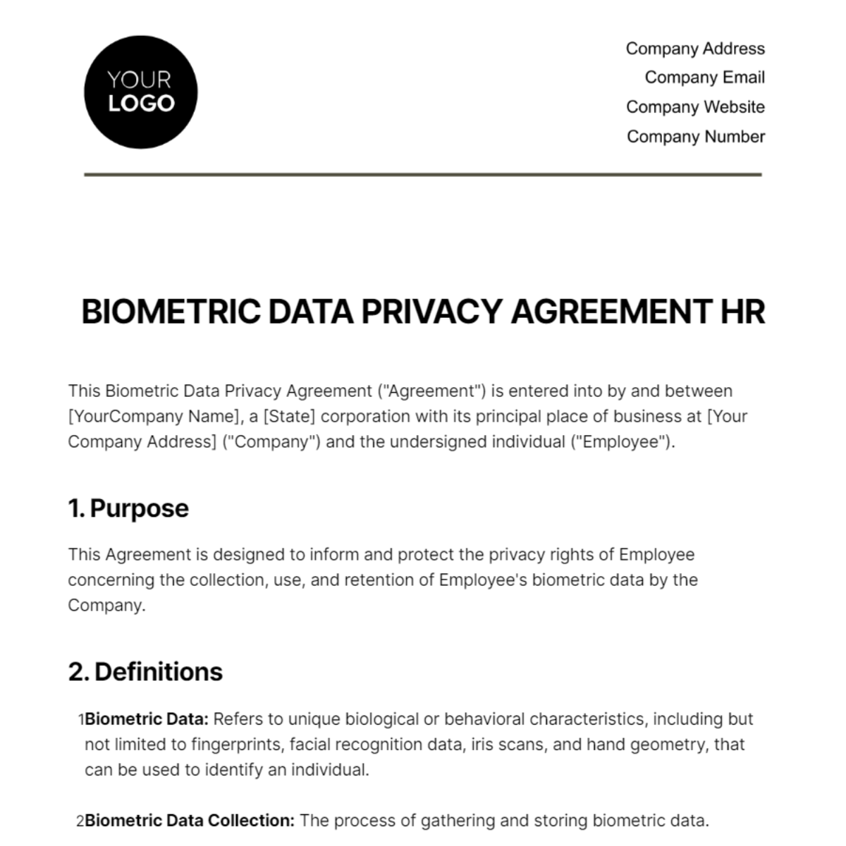 Biometric Data Privacy Agreement HR Template