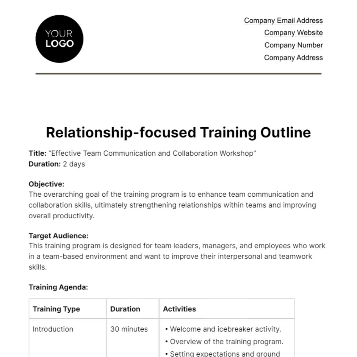 Free Relationship-focused Training Outline HR Template