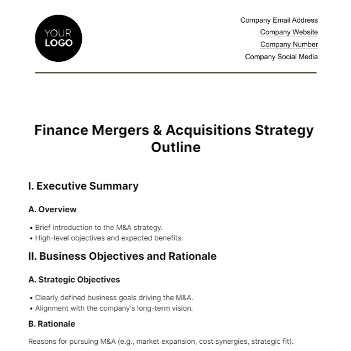 Finance Mergers & Acquisitions Strategy Outline Template