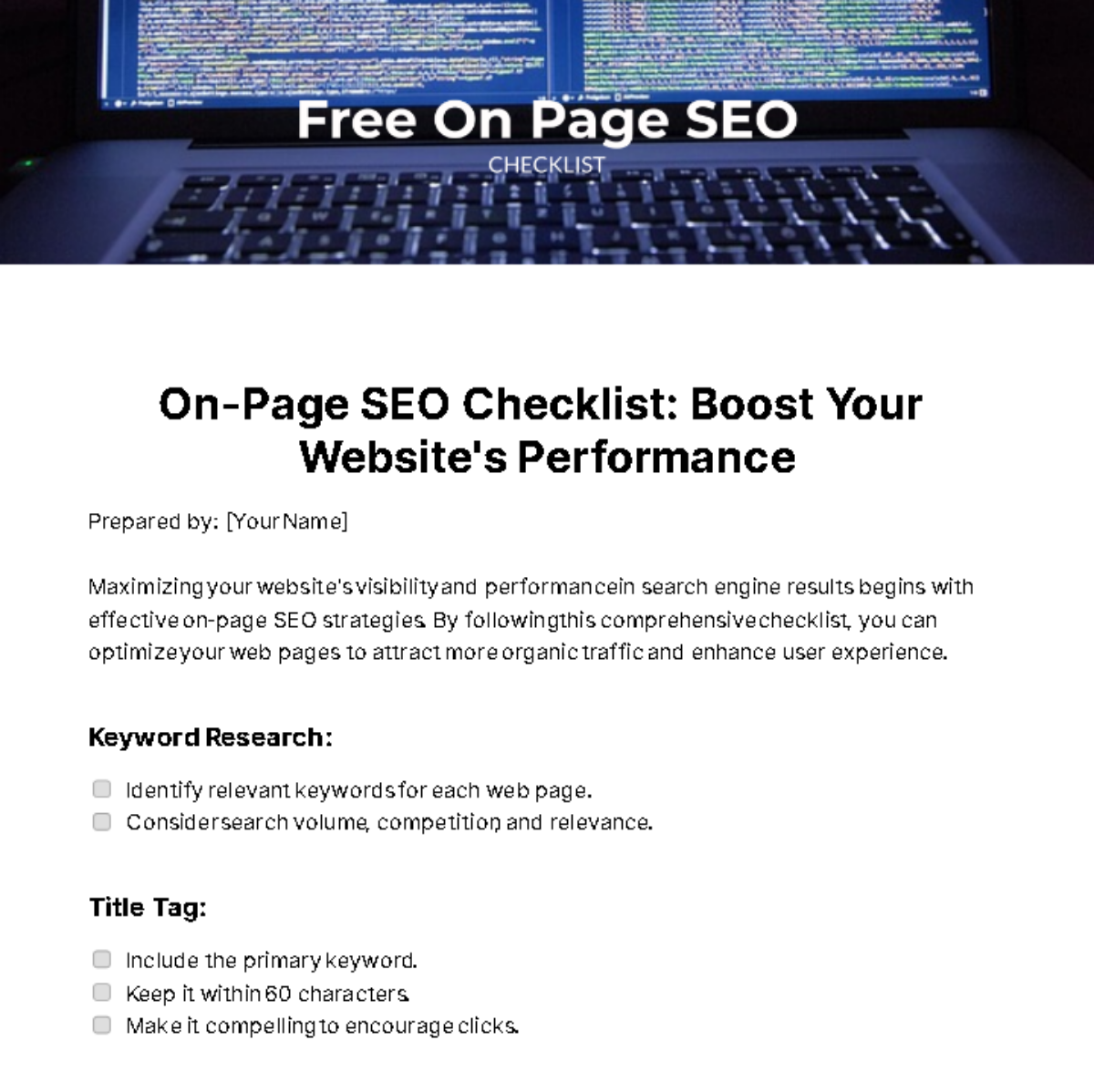 On Page SEO Checklist Template