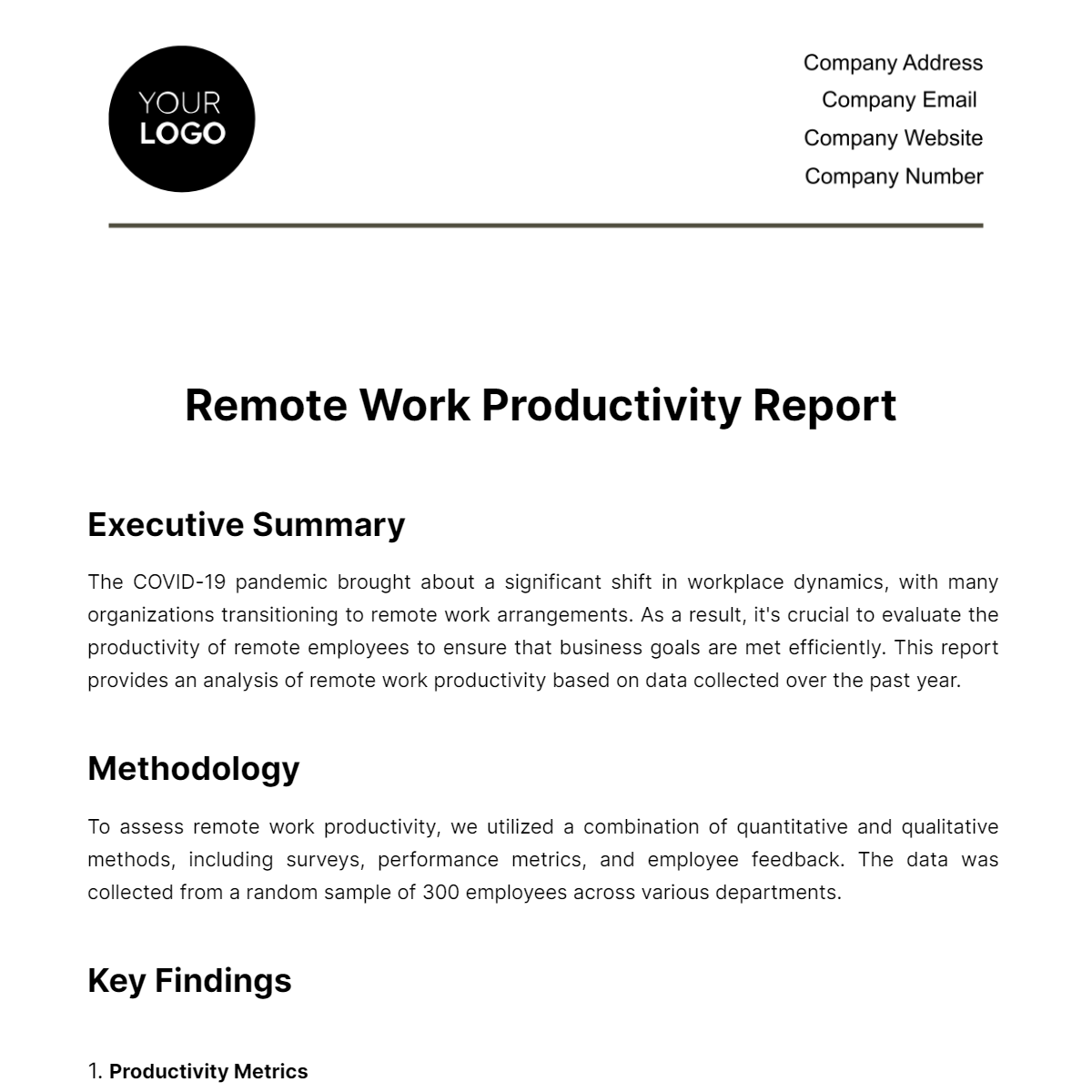 Remote Work Productivity Report HR Template