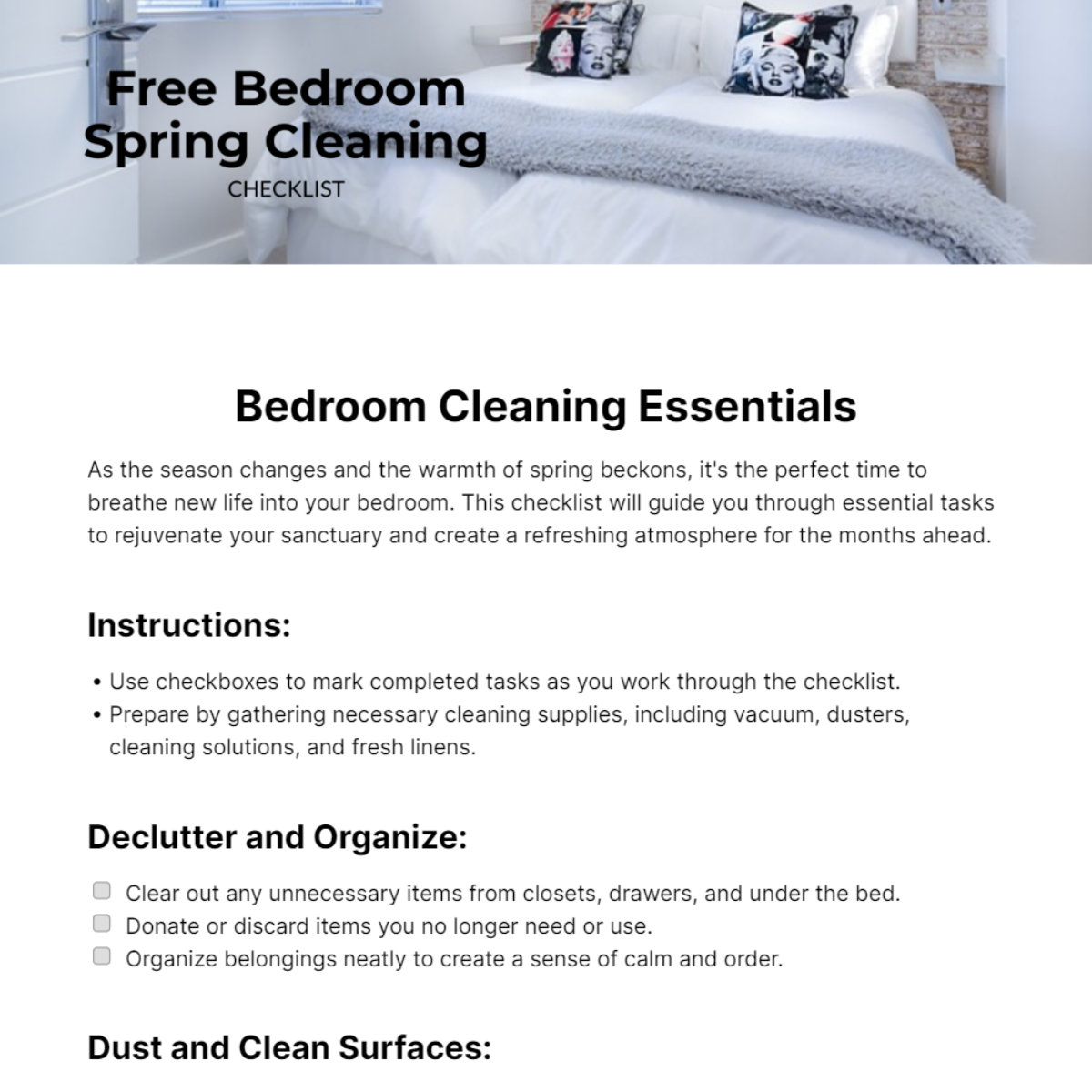 Bedroom Spring Cleaning Checklist Template